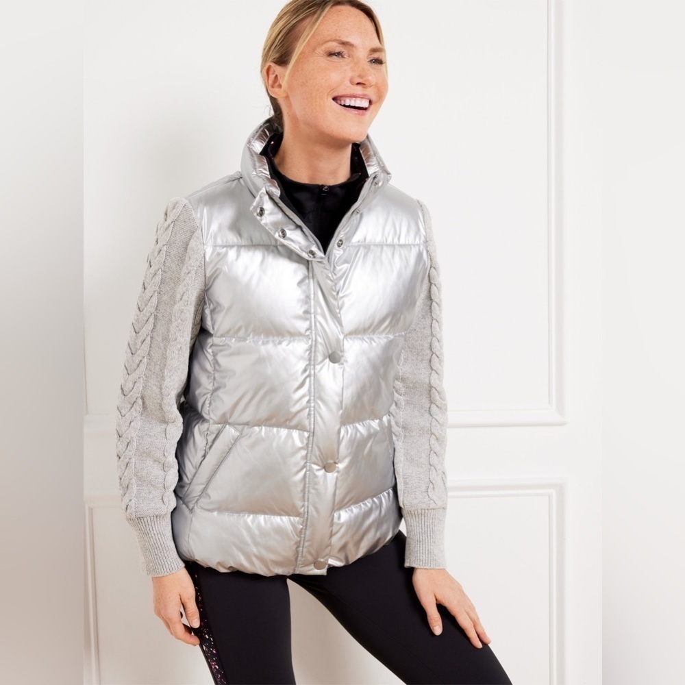 Talbots Metallic Silver puffer vest Duck down filled medium Pockets Full Zip